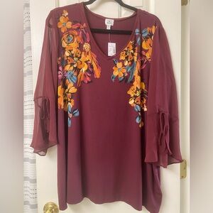 Dressbarn Floral Sheer-Sleeve Top Size 2X NWT